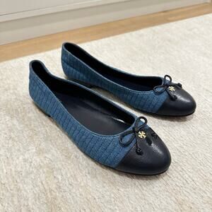 Tory Burch Leather & Quilted Denim Cap-Toe Ballet Flats in Blue Size 8